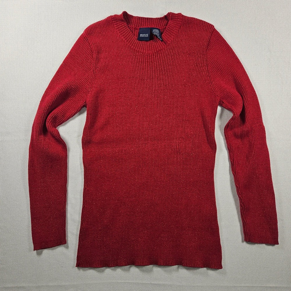 BASIC EDITIONS Women Red Sparkle Ribbed Knit Sweater Slim Long Sleeve Size Large